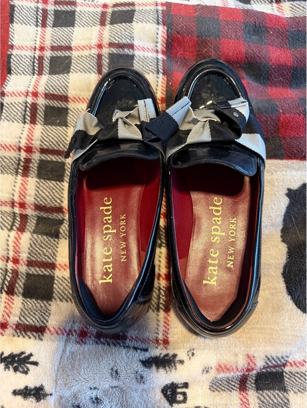 Kate Spade New York Loafers Womens 6.5B Black Patent Leather Striped Bow Flats